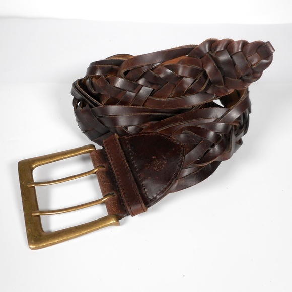Wide Genuine Leather Brown Braided Belt S M 2-Prong Big Brass Buckle 33-36 Waist main image 8